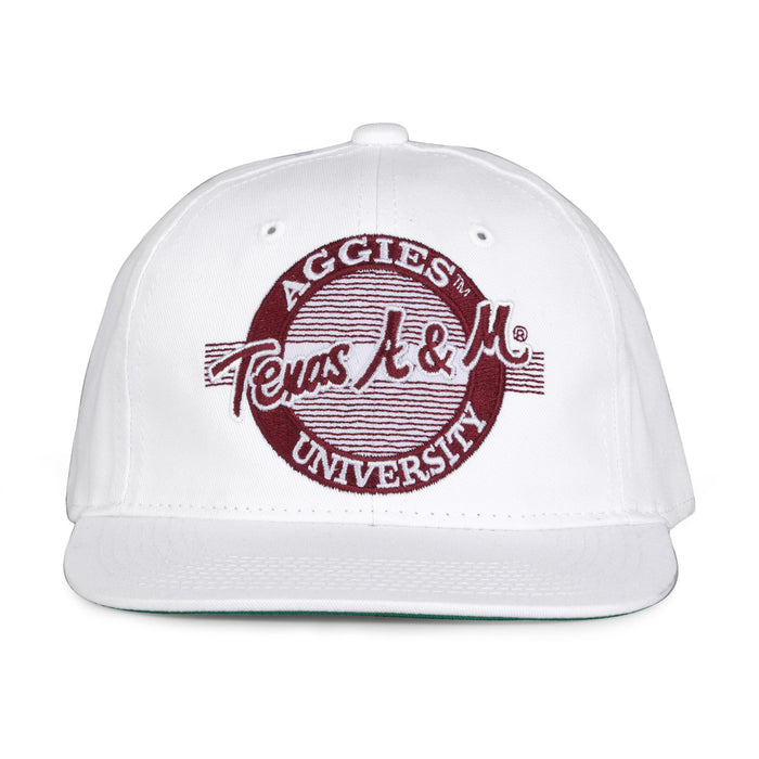 Texas A&M Retro Circle snapback hat in white, front view