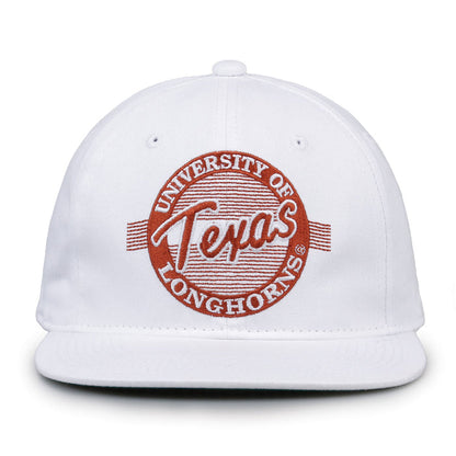 Texas Retro Circle snapback hat in white, front view