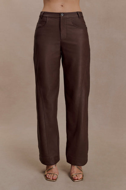 Theo Faux Leather Mid Rise Pants - Dark Chocolate