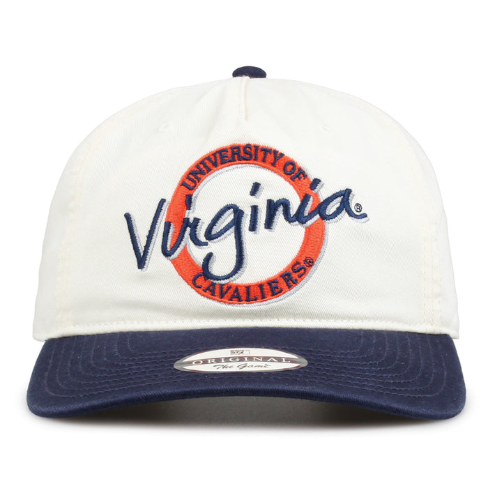Virginia Original Circle snapback hat with embroidered school design, front view