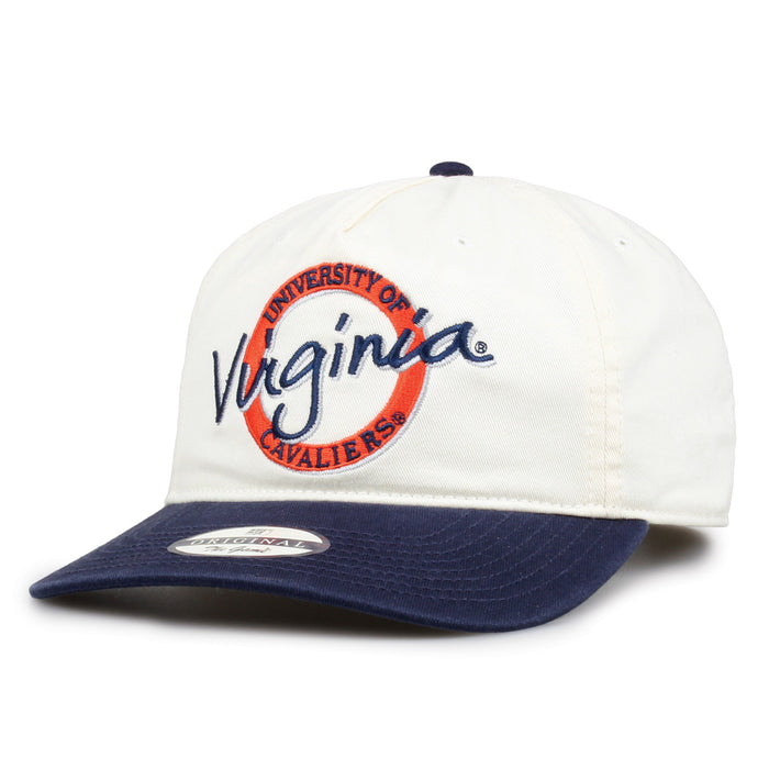 Virginia Original Circle snapback hat showing embroidered front design and curved brim, angled view