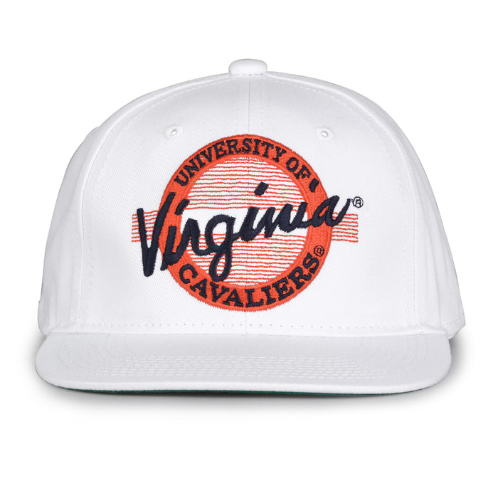 Virginia Retro Circle snapback hat in white, front view