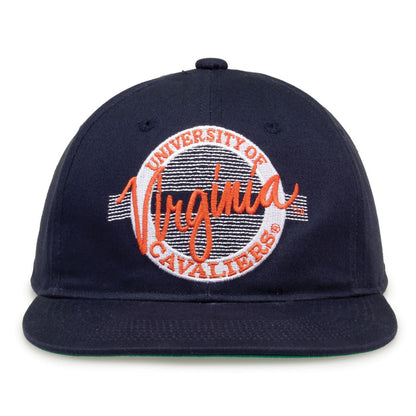 Virginia Retro Circle snapback hat in navy, front view