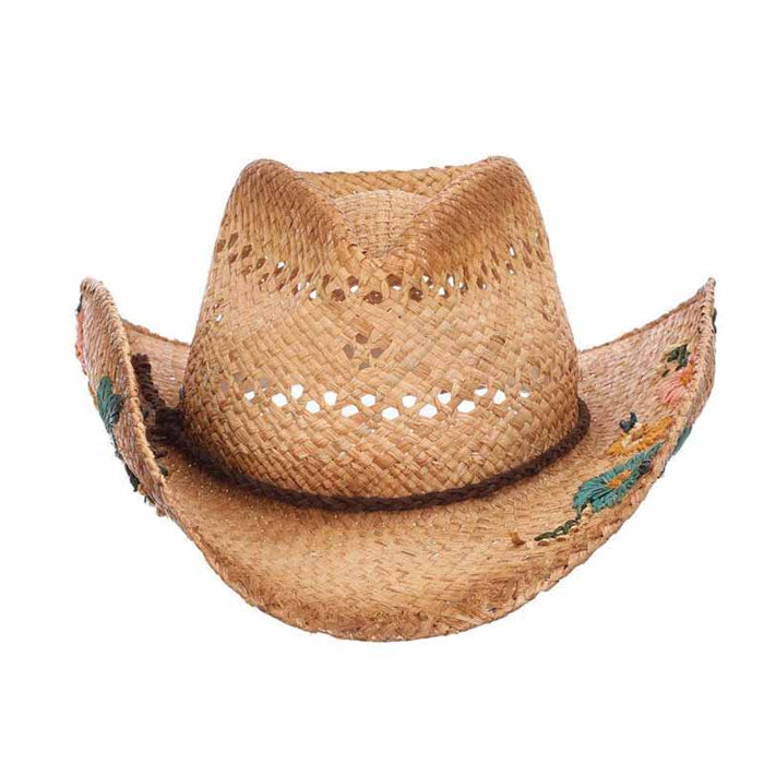 Woven Raffia Straw Cowboy Hat with Flower Embroidery - Scala Hats Cowboy Hat Scala Hats