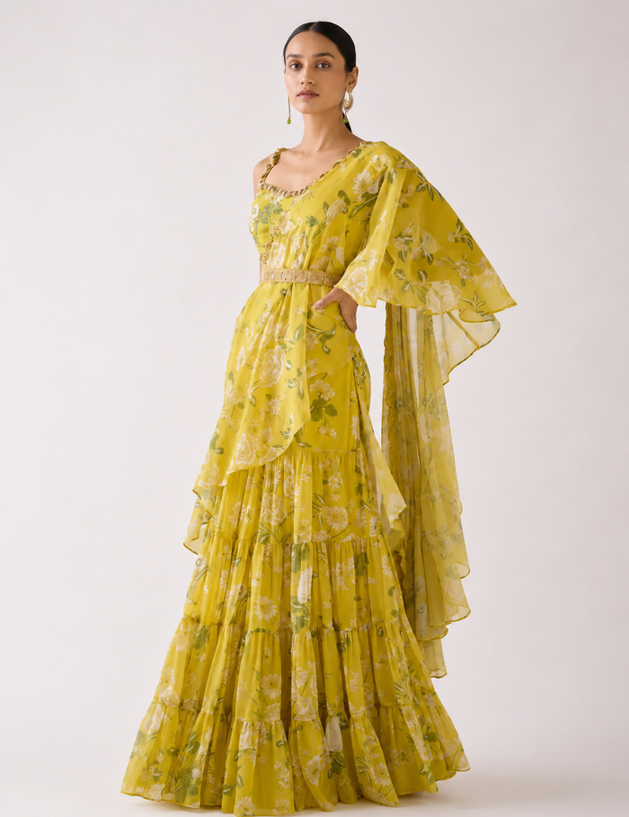 Yellow Floral Draped Saree