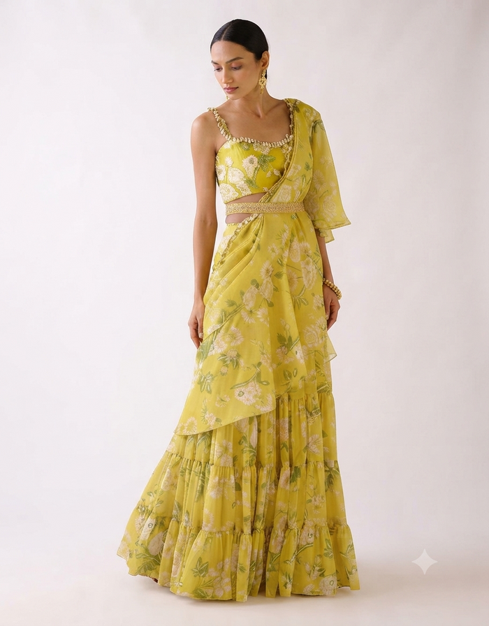 Yellow Floral Draped Saree